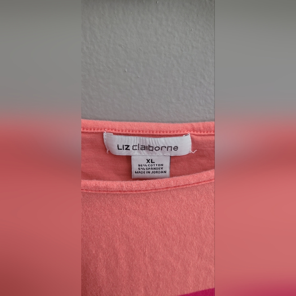 Liz Claiborne Wm's Short Sleeve Tee - Coral and Hot Pink Striped. Size XL. Cute! - Picture 2 of 4